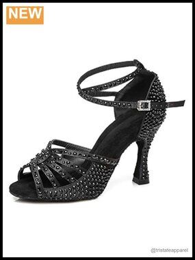 Latin Dance Shoes Rhinestones Satin Ballroom Salsa Professional Suede Sole